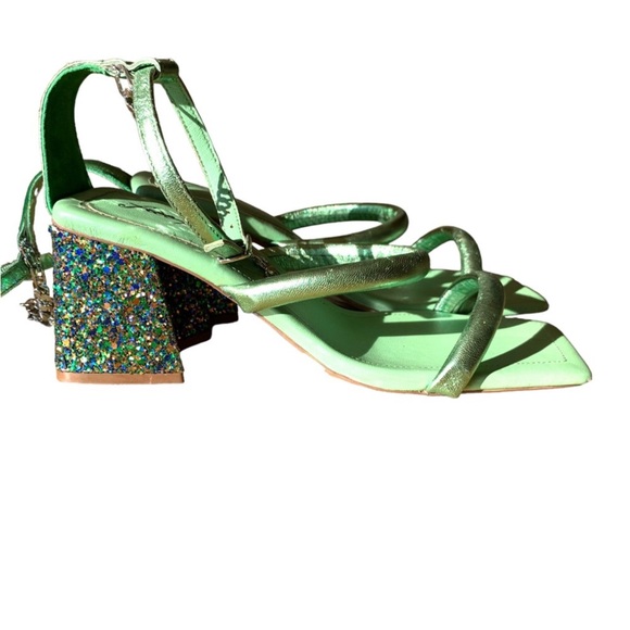 Free People Parker Chain Heel Green Metallic Strappy Sandal Shoe Glitter - Picture 8 of 16